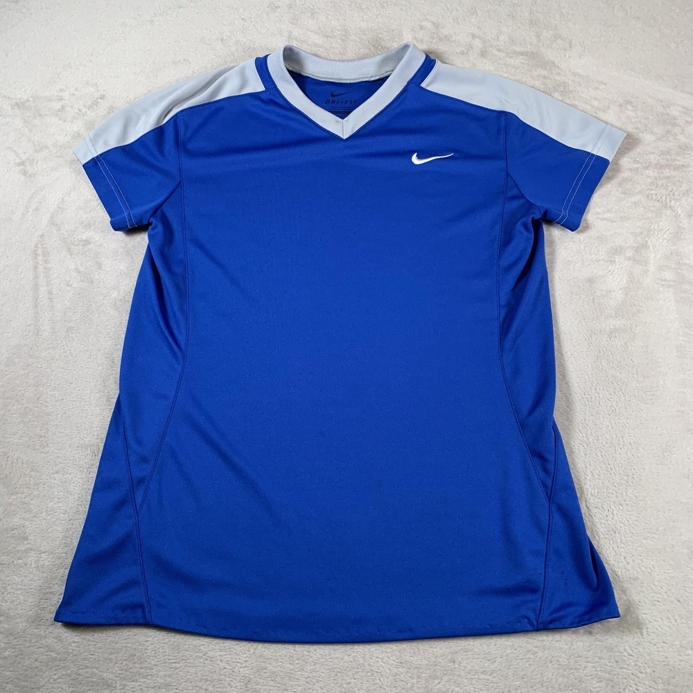 Nike Dri-FIT Shirt Womens‎ Large Blue Gray Athletic Performance Swoosh Logo Tee